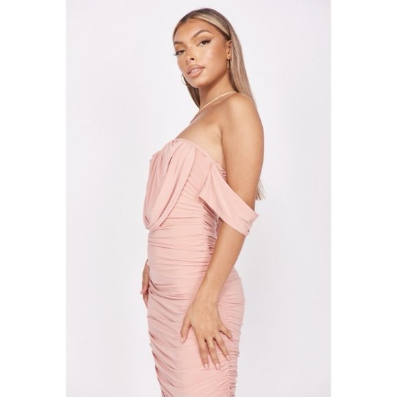 Pink Short Sleeve Off Shoulder Ruched Bodycon Midi Dress - Picture 4 of 14